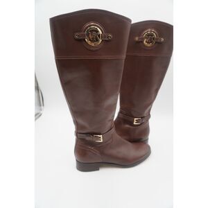 MICHAEL KORS STOCKARD GOLD MK LOGO DARK COFFEE RIDING BOOTS US 11M